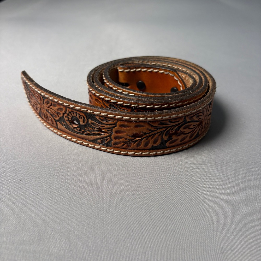 Tony Lama Mens Floral Hand Tooled Leather Belt Strap Brown Western 38 C40064 USA